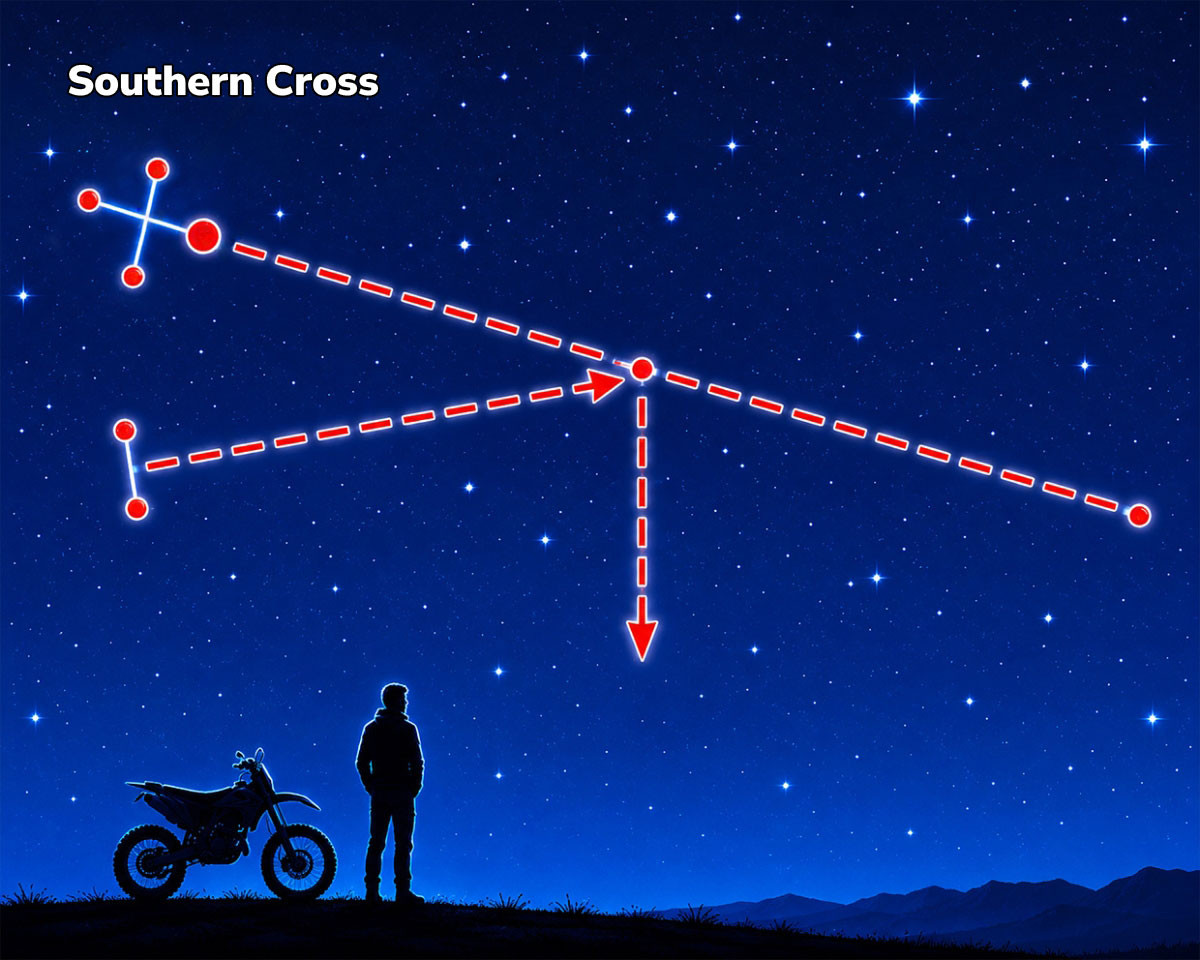 The point where this perpendicular intersects the extended line from the Southern Cross indicates the direction of south